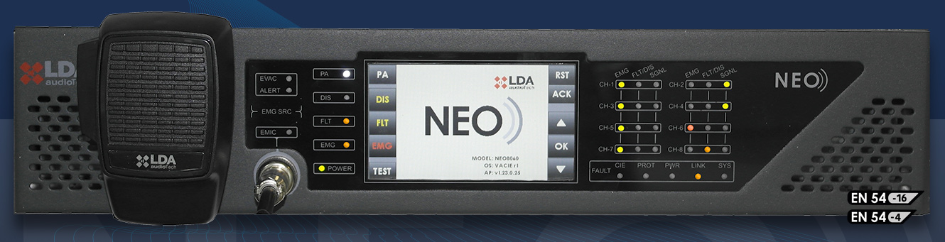 Frontansicht der NEO 8060 Zentraleinheit mit Handsprechstelle, Farbdisplay und Zonen-Anzeigen